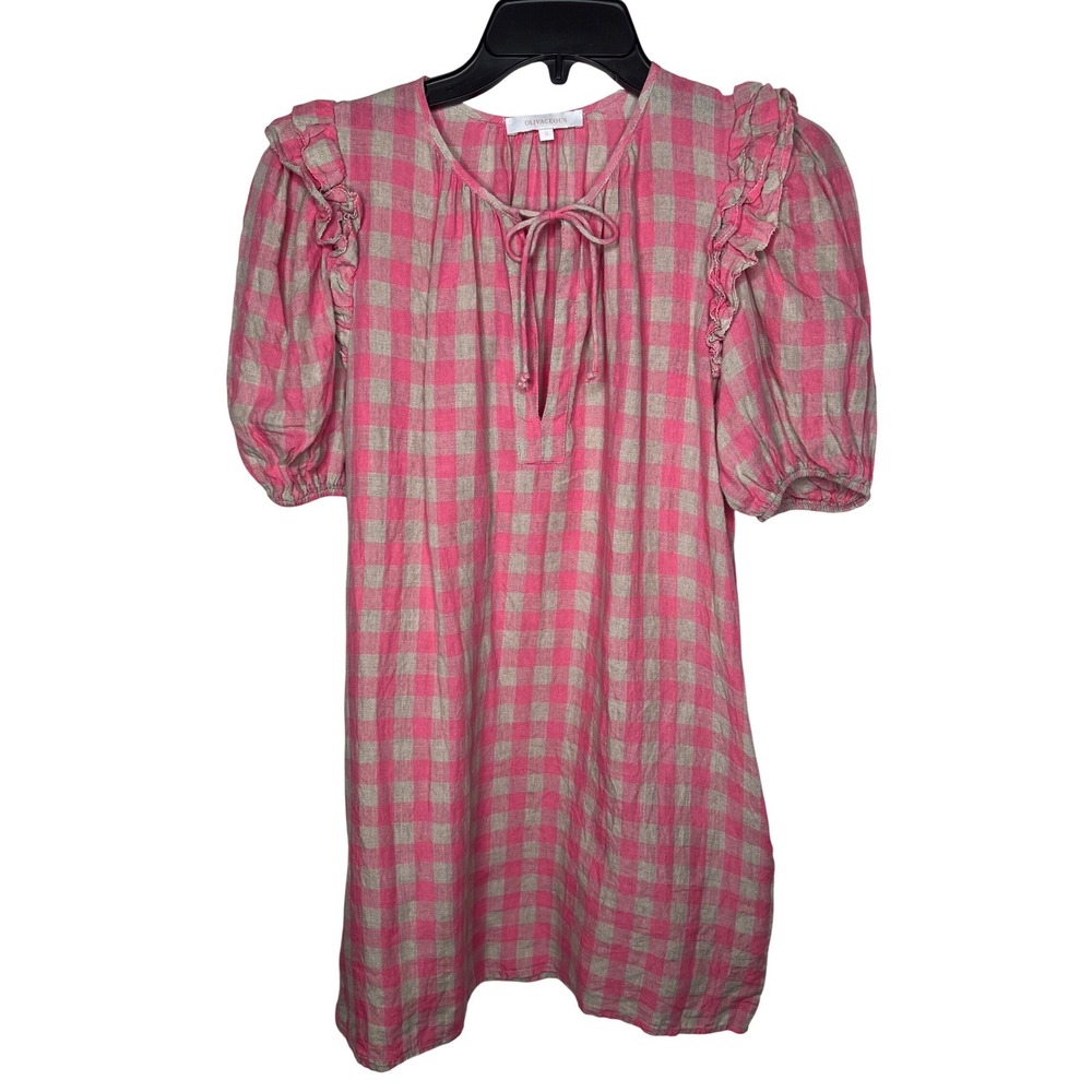 Olivaceous Pink Gingham Ruffle Puff Sleeve Mini Dress Small Bohemian Shift